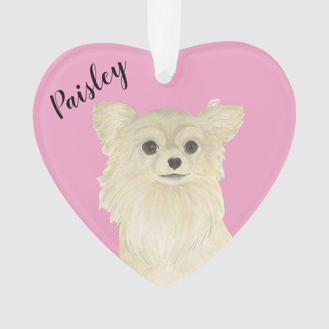 Personalized Pink Heart Tan Long Haired Chihuahua Ornament (Front)