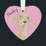 Personalized Pink Heart Vizsla Ornament<br><div class="desc">I am in love with this beautifully detailed watercolor illustration of a vizsla dog on a sweet pink heart! Personalize these pastel ornaments and make the nice list this year! For the perfect presents, pair it with a matching item from the collection for a thoughtful housewarming, bridal shower, teacher, mother-in-law,...</div>