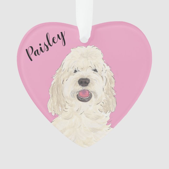 Personalized Pink Heart White Cream Golden Doodle Ornament (Front)