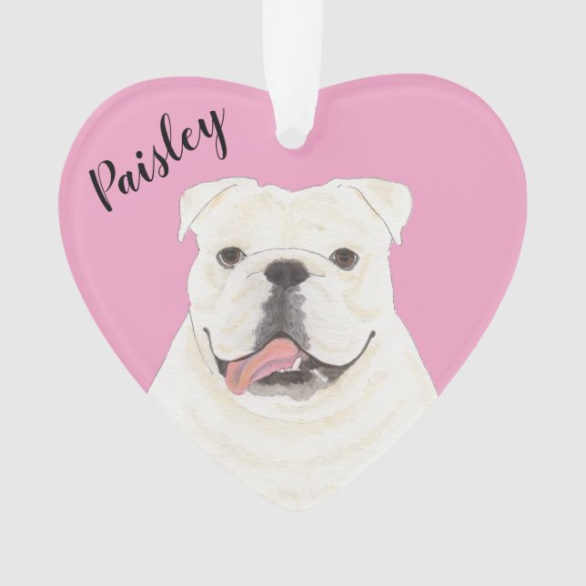 Personalized Pink Heart White English Bulldog Ornament (Front)