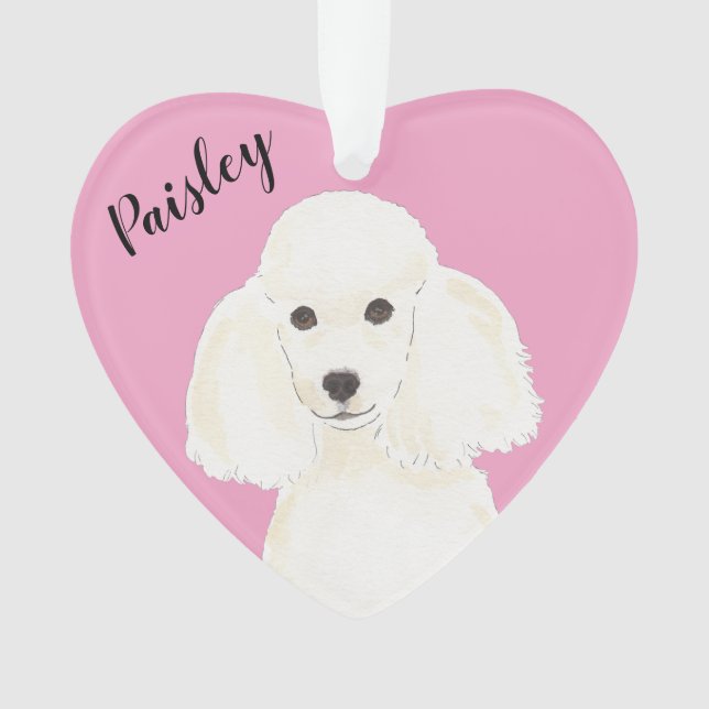 Personalized Pink Heart White Poodle Ornament (Front)