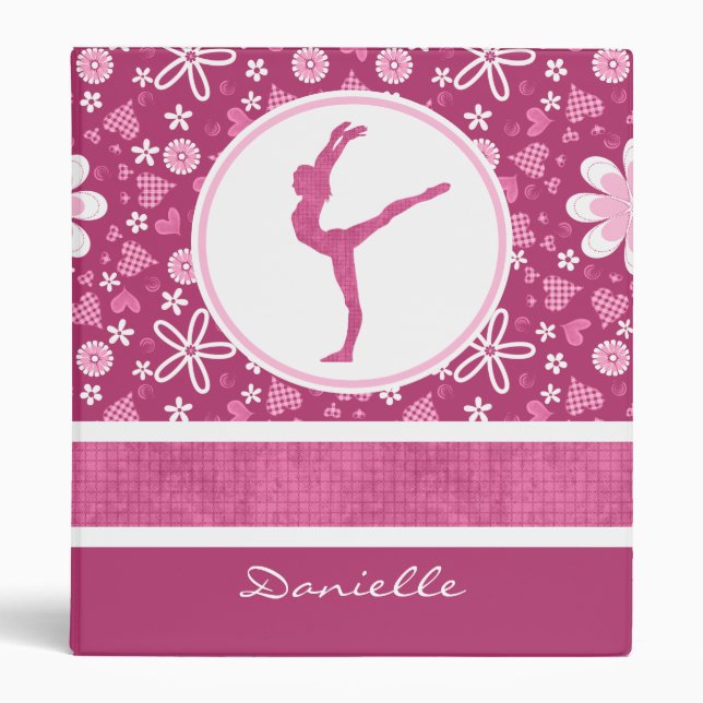 Personalized Pink Hearts and Floral Gymnastics 3 Ring Binder (Front)