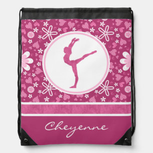 Personalized Pink Hearts and Floral Gymnastics Drawstring Bag