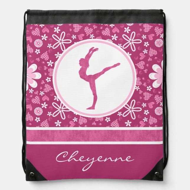 Personalized Pink Hearts and Floral Gymnastics Drawstring Bag (Front)
