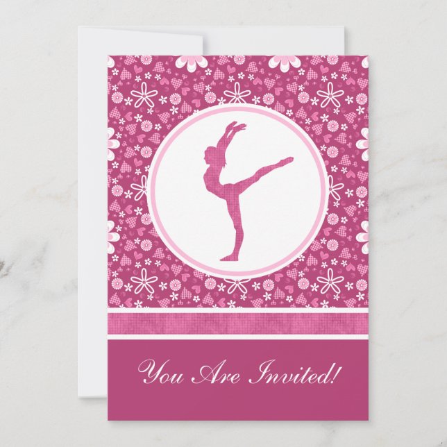Personalized Pink Hearts and Floral Gymnastics Invitation (Front)