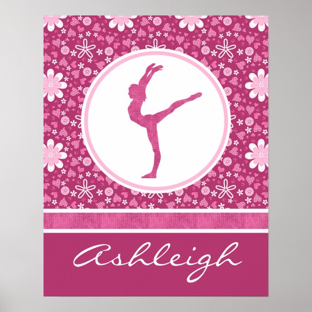 Personalized Pink Hearts and Floral Gymnastics Poster (Front)