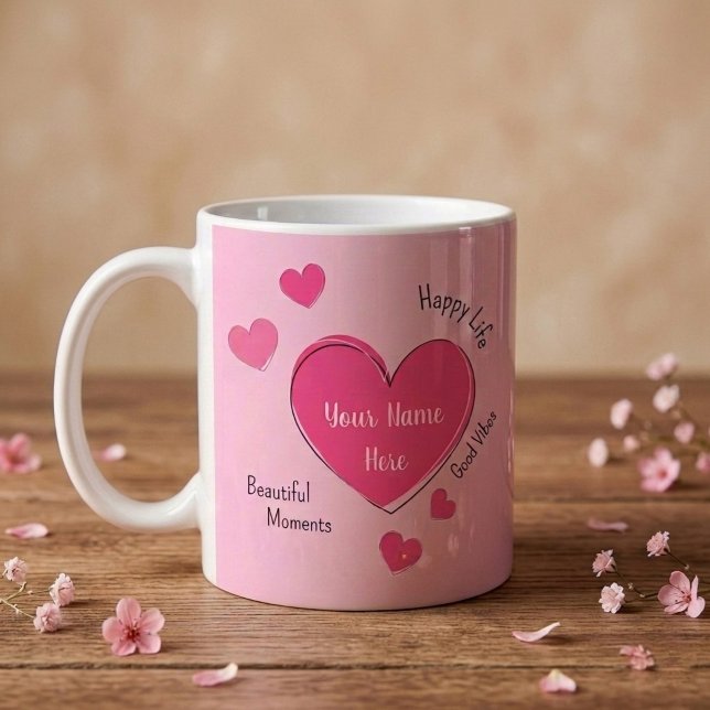 Personalized Pink Hearts Coffee Mug (Fully customizable pink hearts coffee mug with editable text)