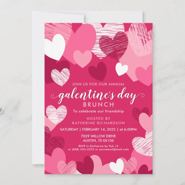 Personalized Pink Hearts Galentine's Day Brunch  Invitation (Front)