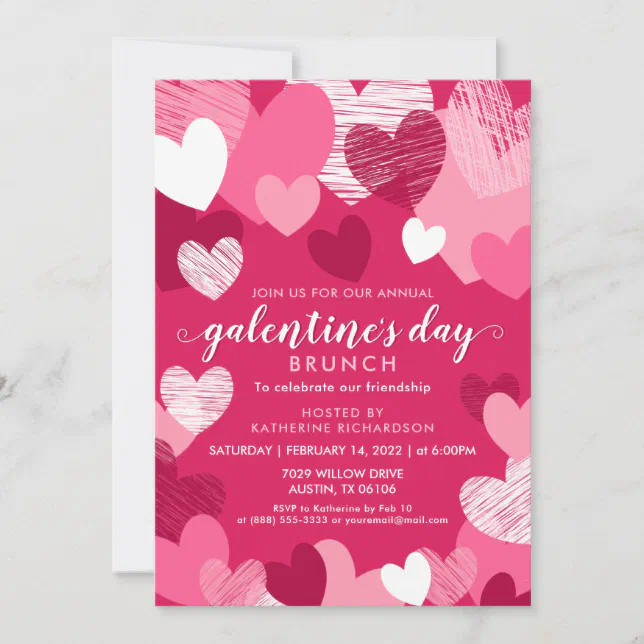 Personalized Pink Hearts Galentine S Day Brunch Invitation Zazzle