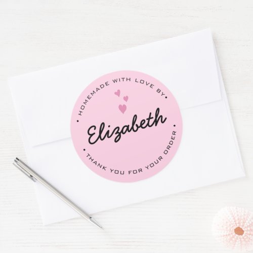Personalized pink hearts Homemade with Love Classic Round Sticker