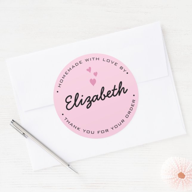 Personalized pink hearts Homemade with Love Classic Round Sticker (Envelope)