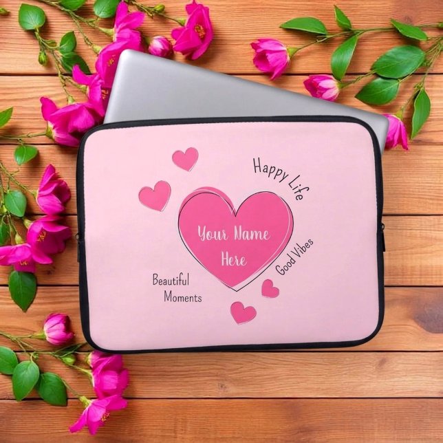 Personalized Pink Hearts Laptop Case (Fully customizable pink hearts laptop case with editable text)