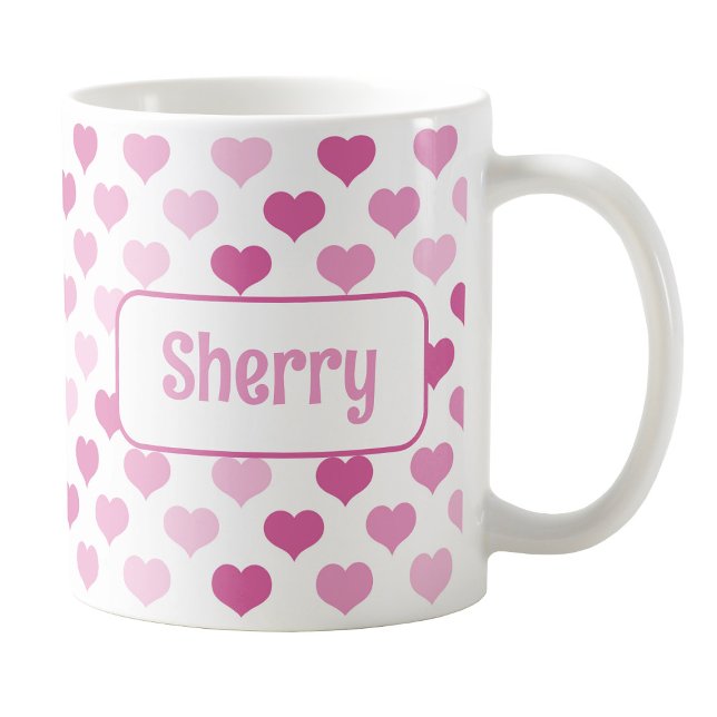 Personalized Pink Hearts Mug (Personalized Pink Hearts Mug at Amy's Coffee Mugs on Zazzle. )