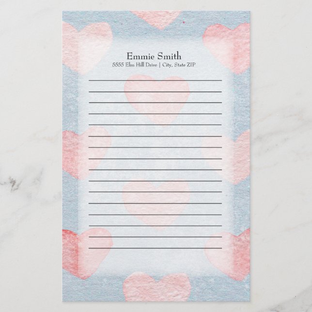 Personalized Pink Hearts on Blue Watercolor Stationery (Front)