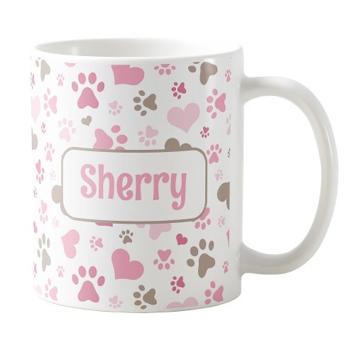 Personalized Pink Hearts Paw Prints Mug