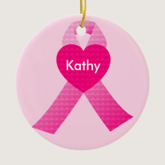 Personalized Pink Hearts Ribbon Breast Cancer Ceramic Ornament