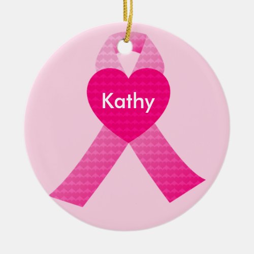 Personalized Pink Hearts Ribbon Breast Cancer Ceramic Ornament