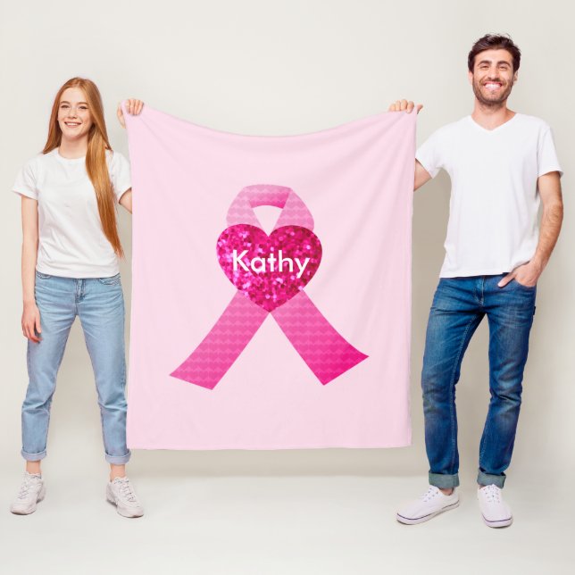 Personalized Pink Hearts Ribbon Breast Cancer Fleece Blanket (In Situ)