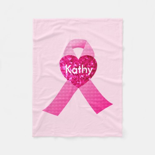 Personalized Pink Hearts Ribbon Breast Cancer Fleece Blanket