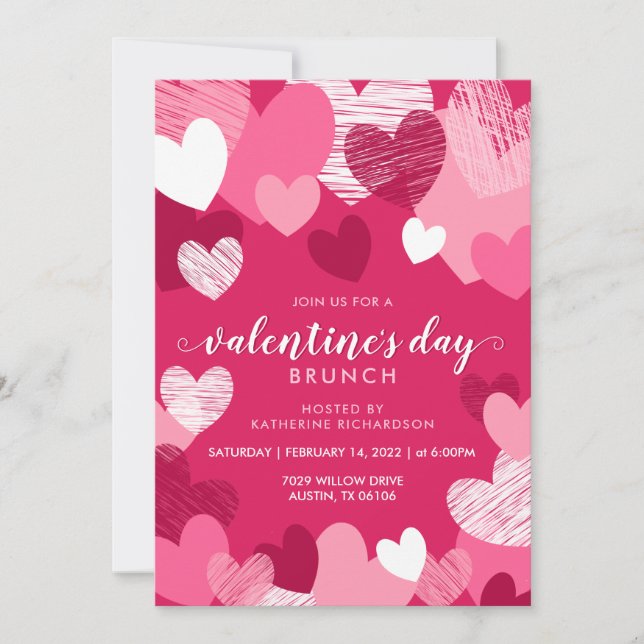 Personalized Pink Hearts Valentine's Day Brunch Invitation (Front)