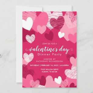 Personalized Pink Hearts Valentine's Dinner Party Invitation