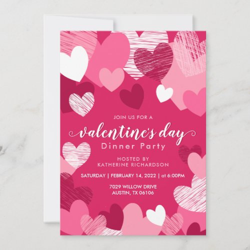 Personalized Pink Hearts Valentines Dinner Party Invitation