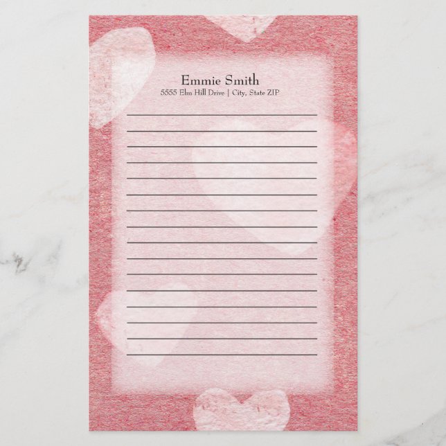 Personalized Pink Hearts Watercolor Stationery (Front)