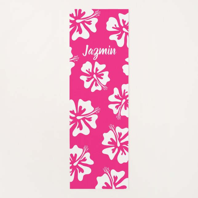 Personalized pink Hibiscus flower floral yoga mat  (Front)