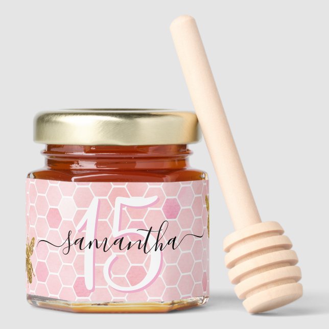 Personalized Pink Honeycomb 15th Birthday Honey Jar Favors (Front)