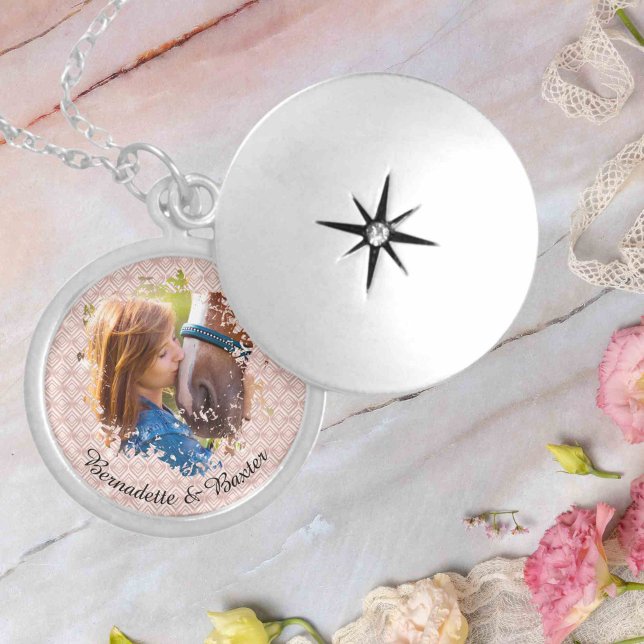 Personalized Pink Horse Pet Owner Name Photo Locket Necklace (Creator Uploaded)