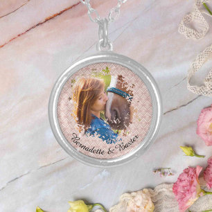 Personalized Pink Horse Pet Owner Name Photo Silver Plated Necklace