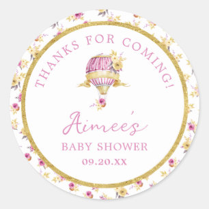 Personalized Pink Hot Air Balloon Baby Shower  Classic Round Sticker