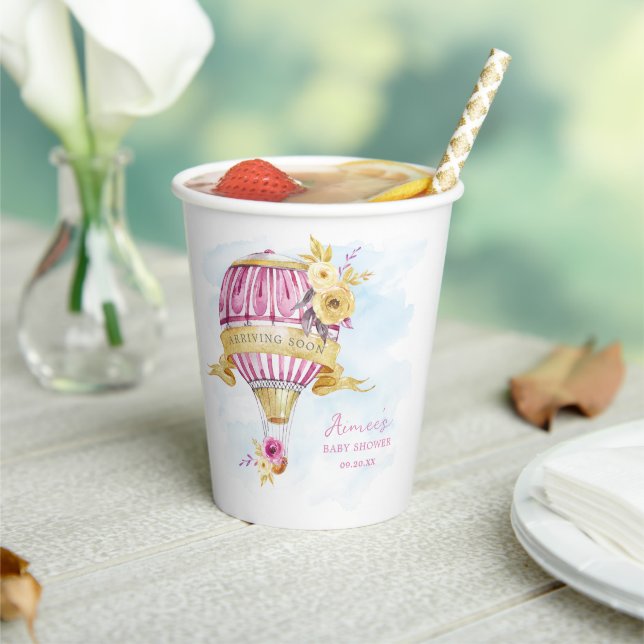 Personalized Pink Hot Air Balloon Baby Shower  Paper Cups (Insitu)