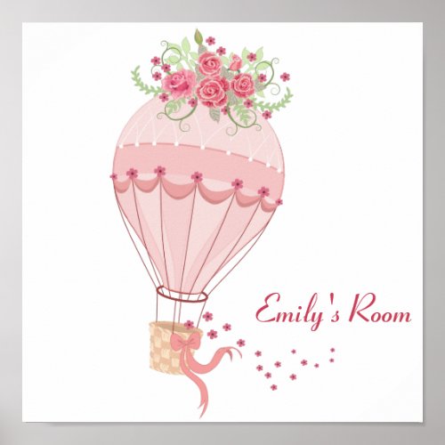 Personalized Pink Hot Air Balloon Nursery Poster 