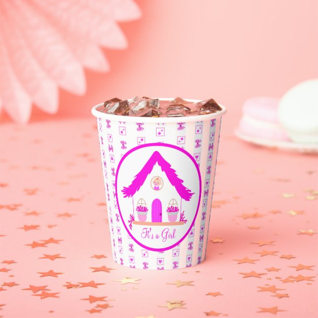 Personalized Pink House It's a Girl Baby Shower Paper Cups (Insitu)
