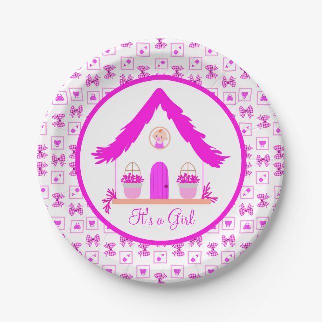 Personalized Pink House It's a Girl Paper Plates (Front)