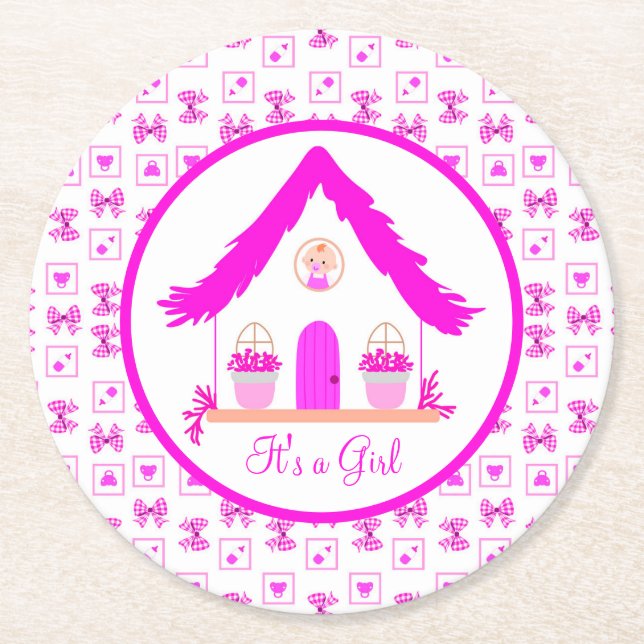 Personalized Pink House It's a Girl Round Paper Coaster (Front)