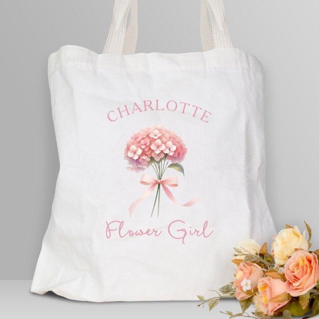 Personalized Pink Hydrangea Bow Floral Flower Girl Tote Bag (Add a pop of floral elegance to your wedding with this custom flower girl tote—stylish and memorable)