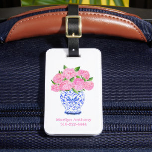 Personalized Pink Hydrangea Chinoiserie Vase Luggage Tag