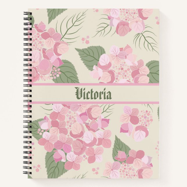 Personalized Pink Hydrangea Floral Notebook (Front)