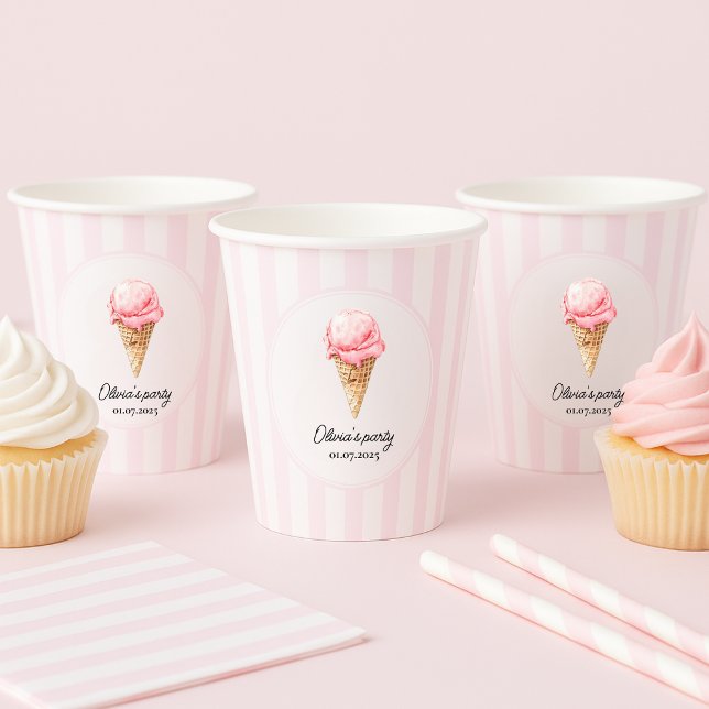 Personalized Pink Ice Cream Cone Birthday  Paper Cups (Creator Uploaded)