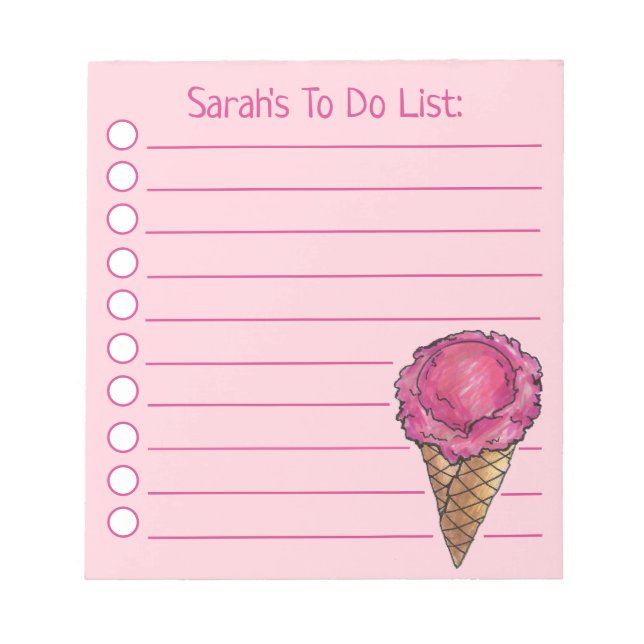 Personalized Pink Ice Cream Cone To Do List Notepad (Front)