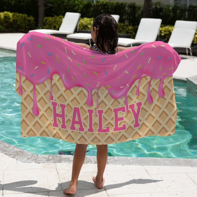 Personalized Pink Ice Cream Drip Beach Towel (Creator Uploaded)