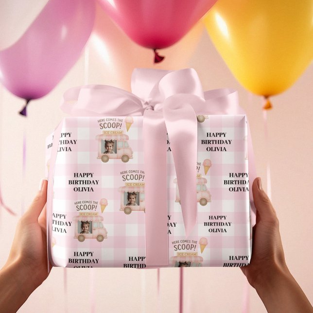 Personalized Pink Ice Cream Truck Birthday  Wrapping Paper (Creator Uploaded)