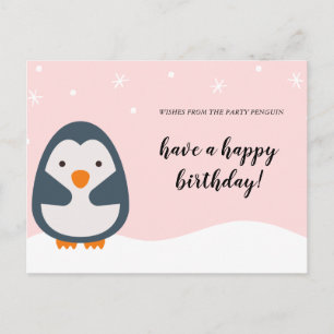 Personalized - Pink Illustrated Penguin Birthday Postcard
