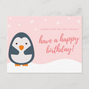 Personalized - Pink Illustrated Penguin Birthday Postcard
