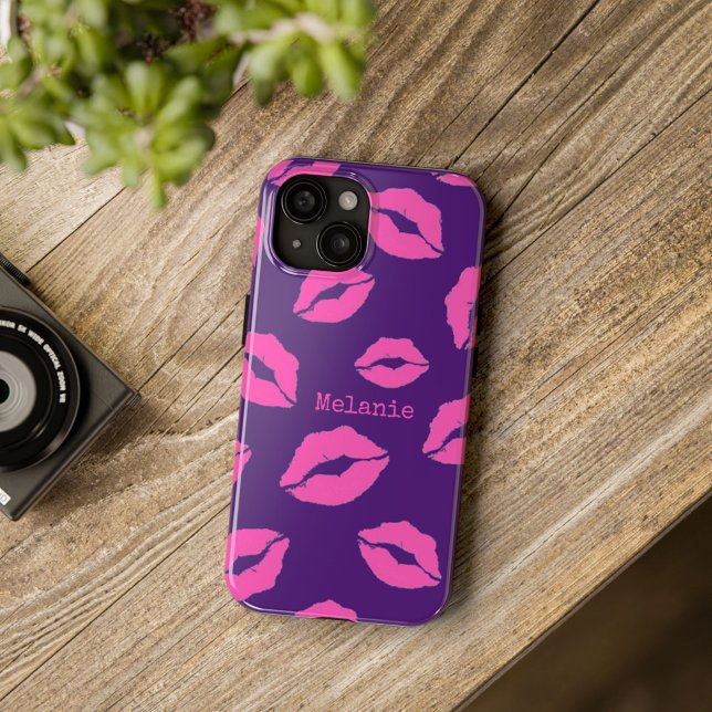 Personalized Pink Kiss Lips on Purple Case-Mate iPhone Case (Creator Uploaded)