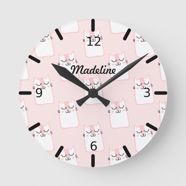 Personalized Pink Kitten Pattern Round Clock (Front)
