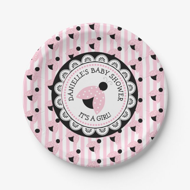Personalized Pink Ladybug Baby Shower Paper Plates (Front)