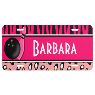 Personalized Pink Leopard and Zebra Print Bowling License Plate